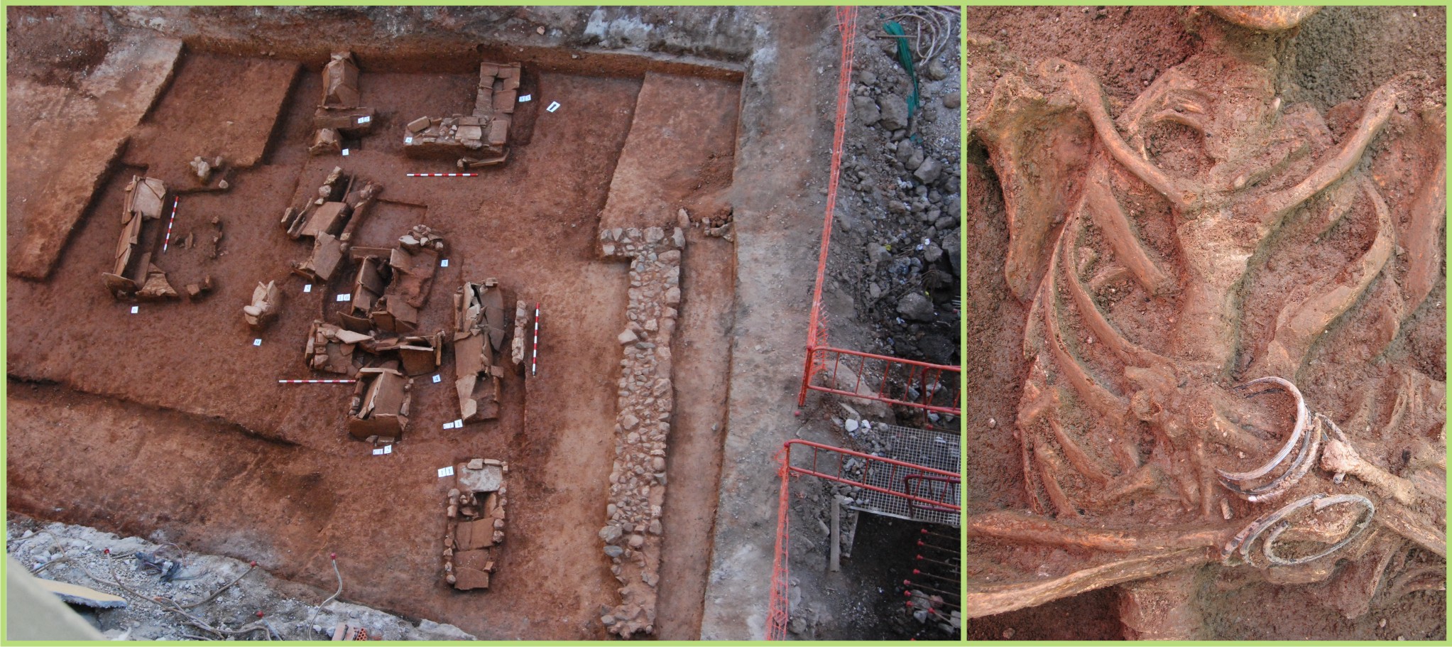 Necrópolis romana de la calle La Unión y Detalle de pulseras de vidrio como ajuar funerario