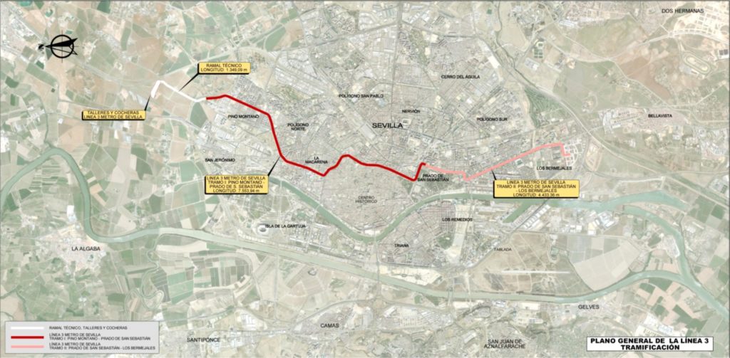 Mapa de líneas de la red de metro de Sevilla.